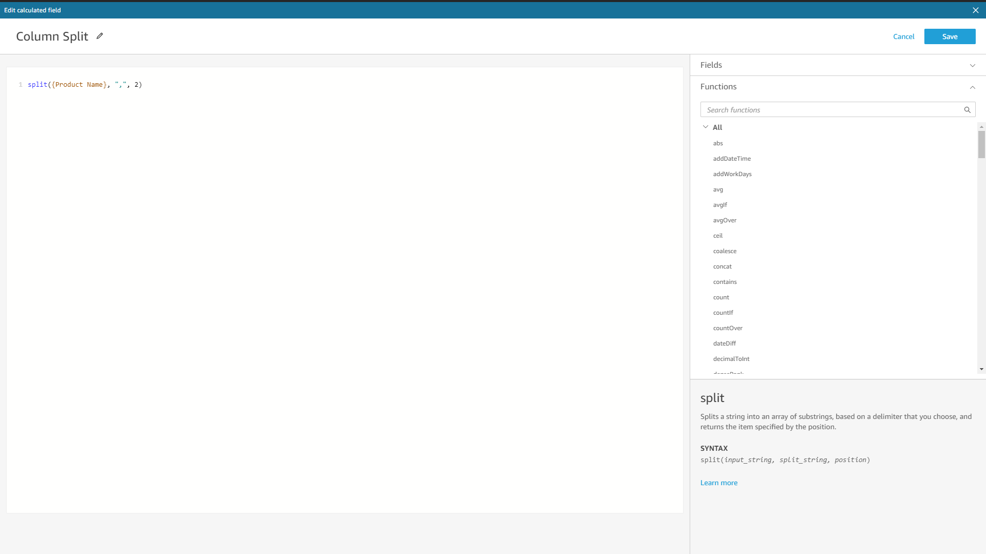 Figure 2-47 Split columns- Amazon QuickSight